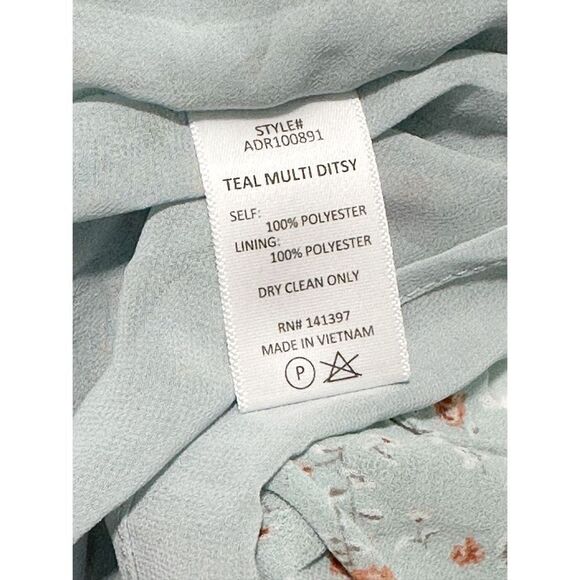 ASTR The Label Womens Ditsy Floral Ruffle Neck Ruched Mini Dress Teal Blue Small - Picture 8 of 11
